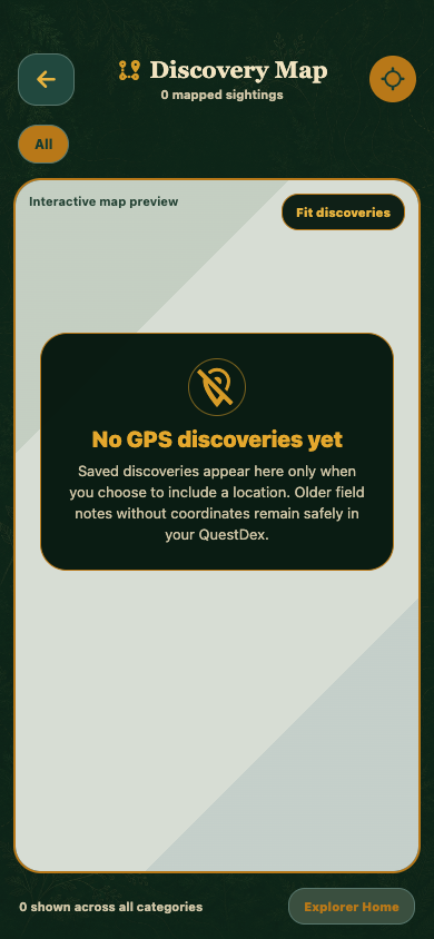 CaptureQuest Discovery Map with private saved-sighting controls
