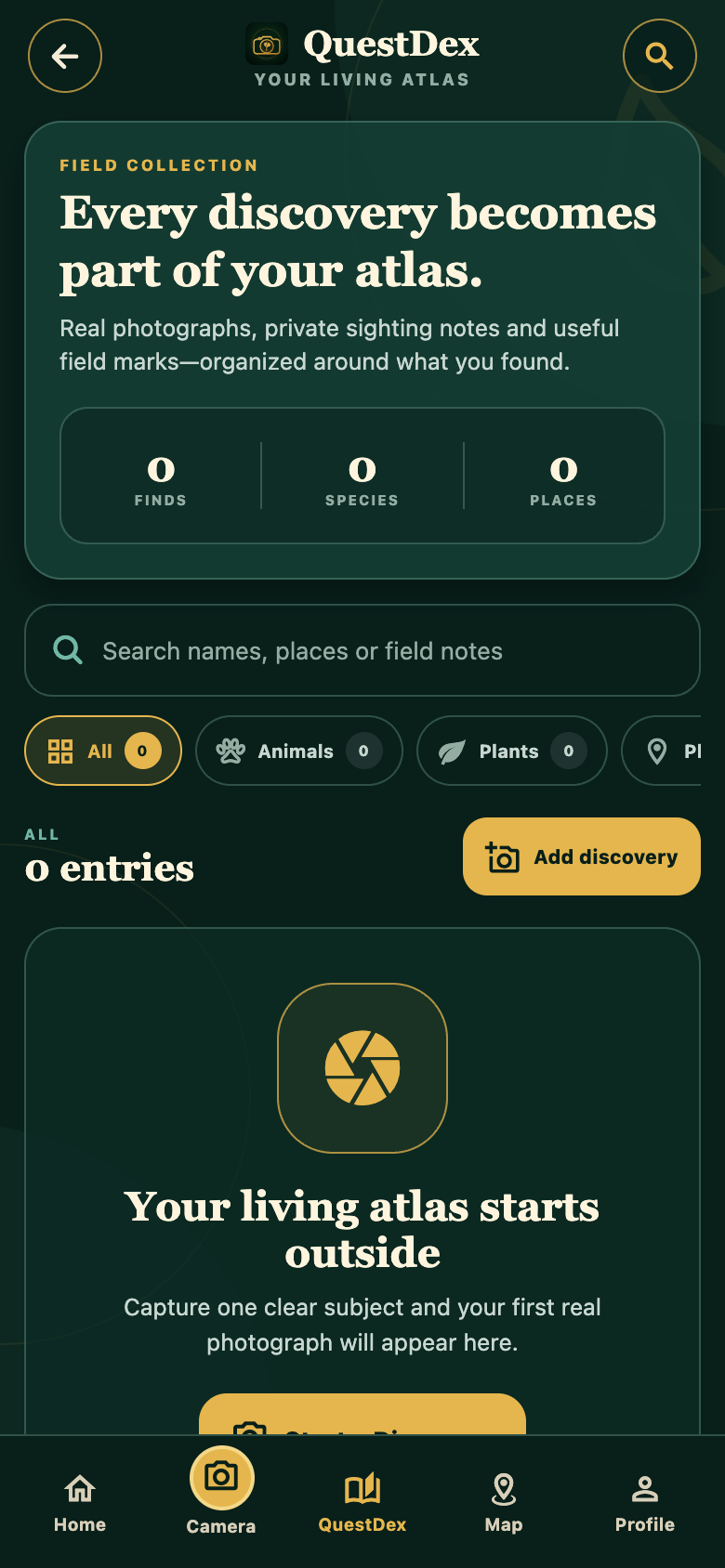 QuestDex personal field collection with categories and saved discoveries