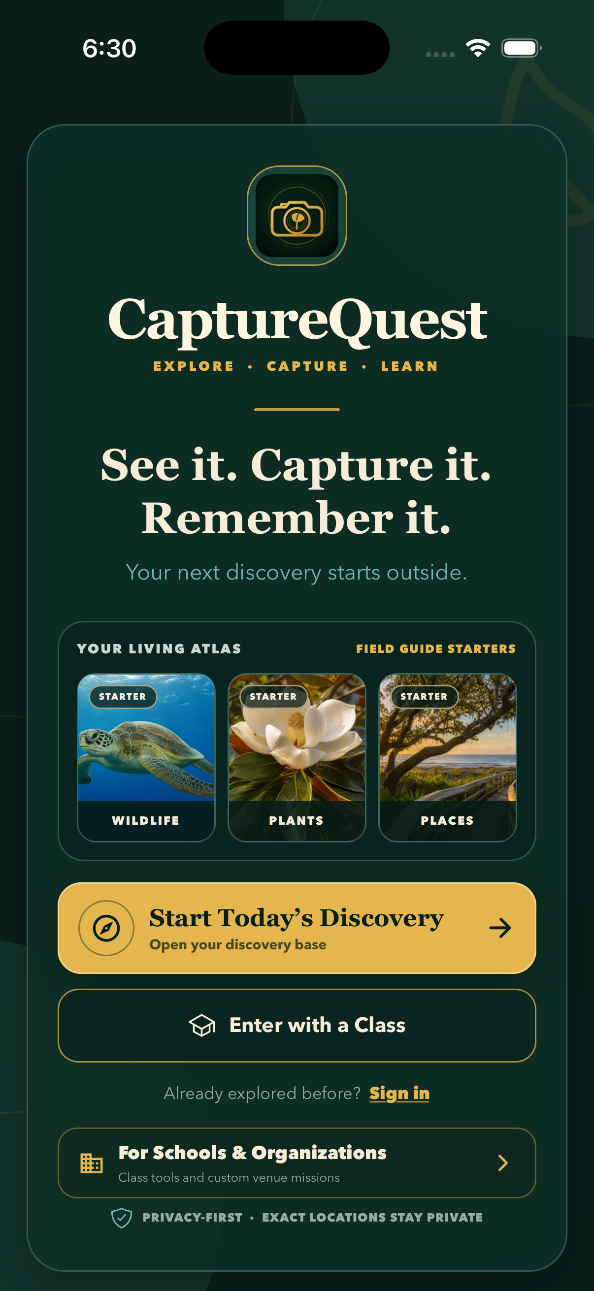 CaptureQuest welcome screen