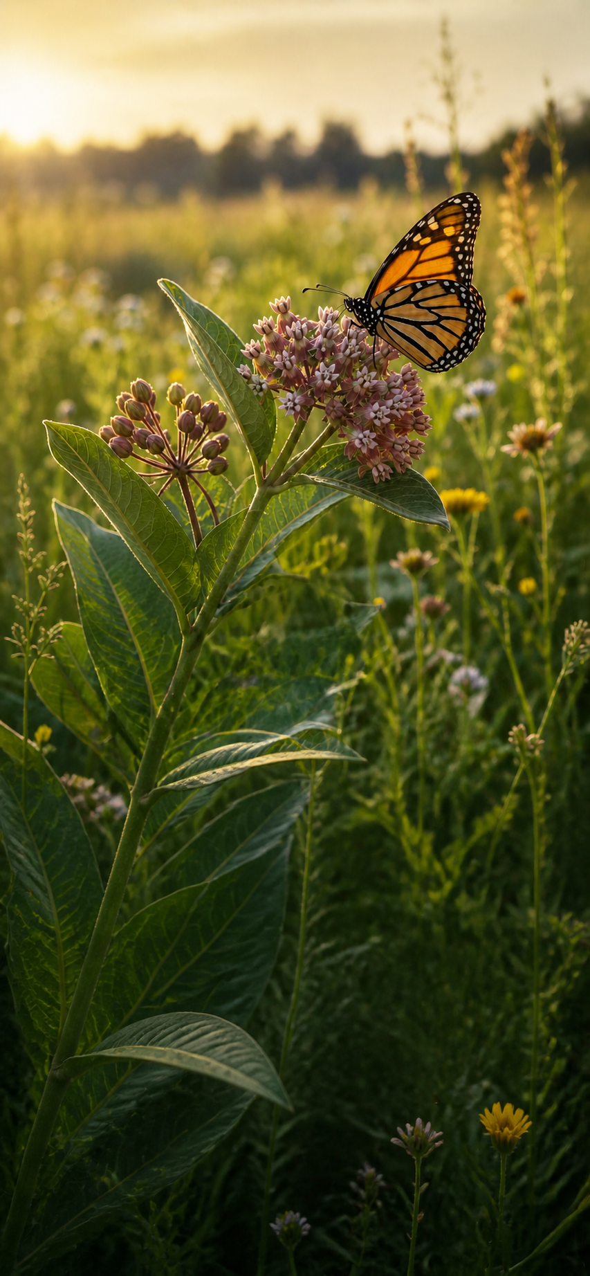 A monarch butterfly resting on wildflowers